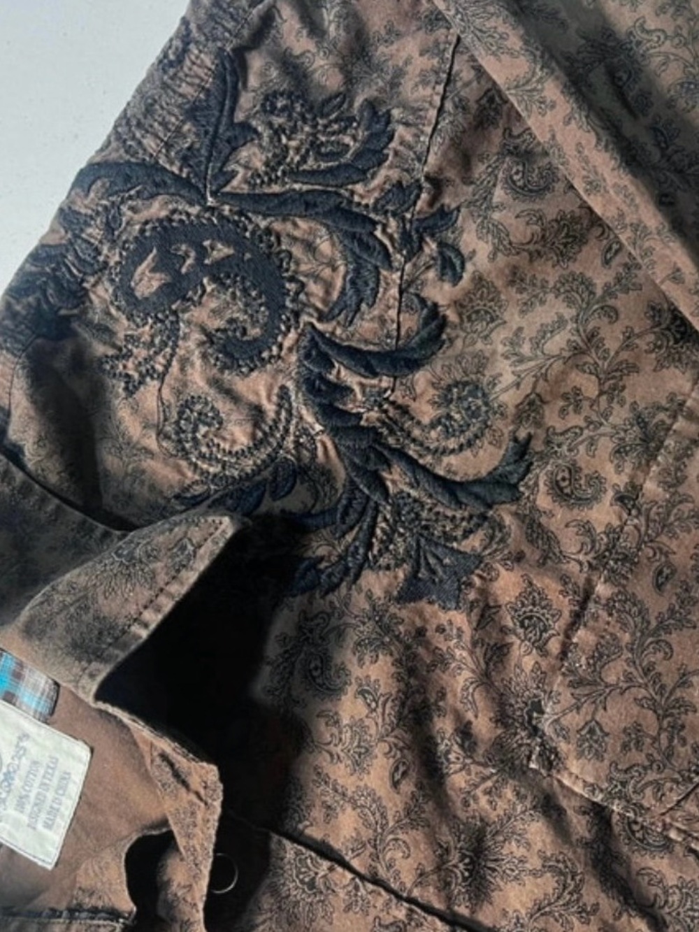 Brown Paisley Embroidered Button-Up Shirt with Navy Detail